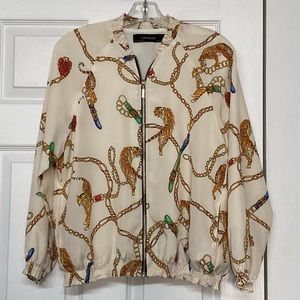 Zara Basic Tiger Big Cat Zip Front Ruffle Collar Jacket Sz M